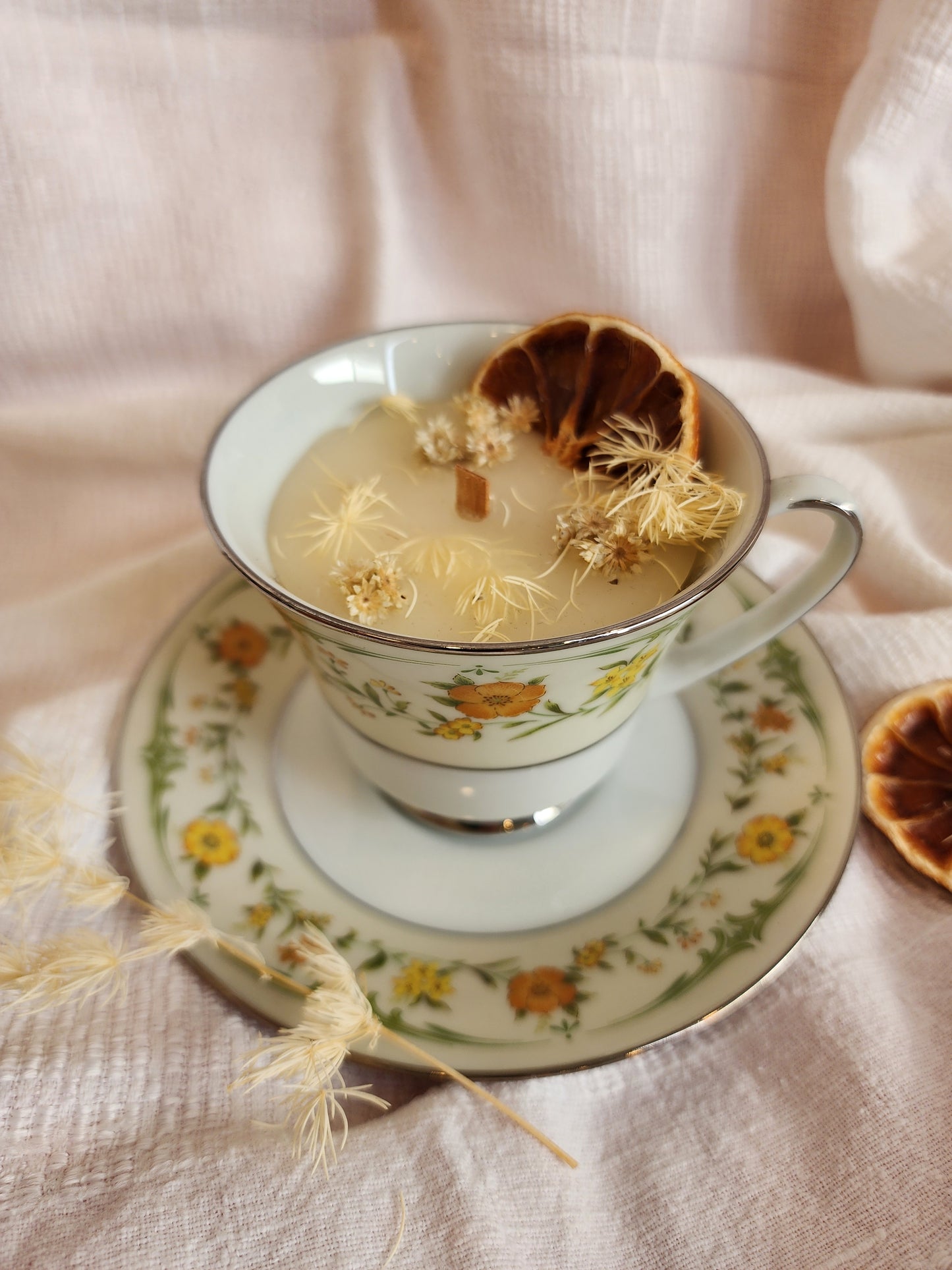 Handmade Vintage Teacup Candles - Yellow Florals