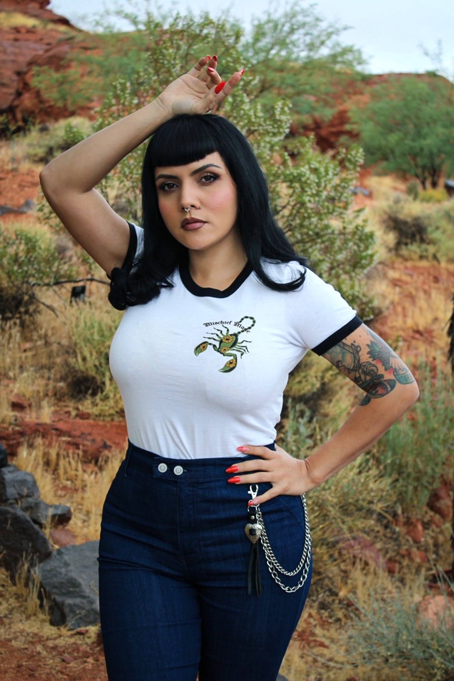 The Scorpion Unisex Ringer Tee in White/Black: Small